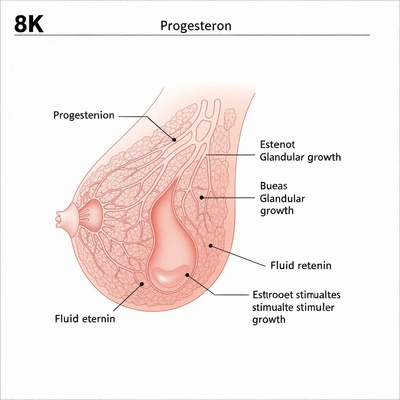 Diagram illustrating hormonal impact on breast tissue, showing estrogen and progesterone effects