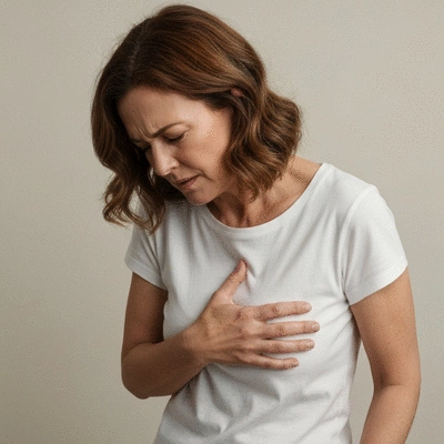 Woman holding her chest in discomfort, illustrating breast tenderness