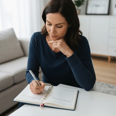 Woman tracking perimenopause symptoms in a journal