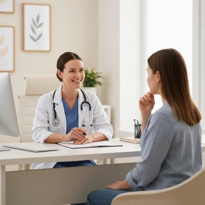 Doctor consulting with a patient about NSAID use for breast tenderness, professional and caring atmosphere