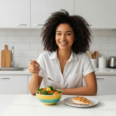 Woman enjoying a healthy meal with fresh vegetables and lean protein, illustrating balanced diet, in a bright kitchen setting, no text, no words, no typography, clean image