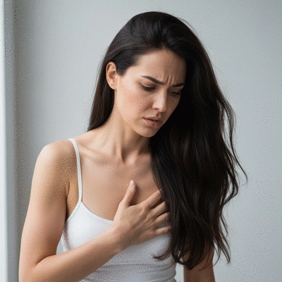 Woman holding her chest in discomfort, illustrating breast pain