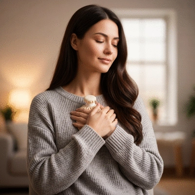 Woman holding a warm compress to her chest