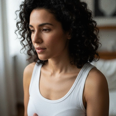 Woman experiencing breast tenderness, subtle discomfort, thoughtful expression, soft lighting