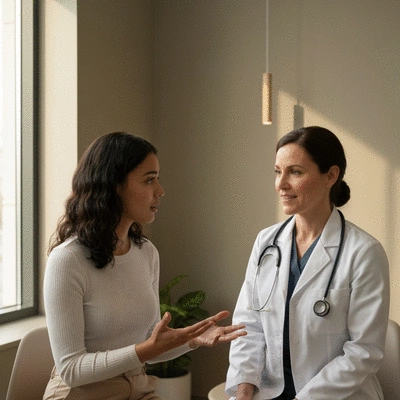 Woman consulting with a female doctor about birth control options and side effects