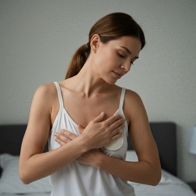 Woman applying warm compress to breast for relief