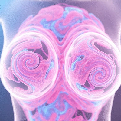 Illustration of female hormones like estrogen and progesterone flowing, with breast outlines in the background