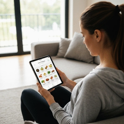 Woman tracking symptoms on a digital tablet with a meal plan, illustrating health tracking, in a clean, well-lit setting, no text, no words, no typography, clean image