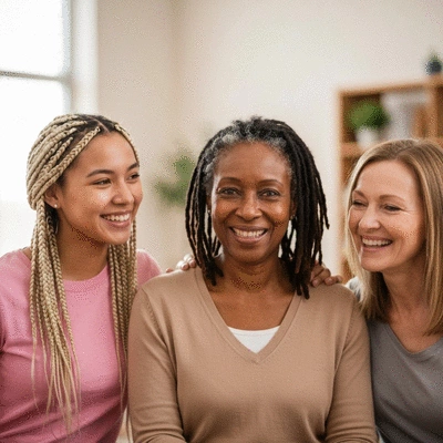 Diverse group of women smiling and supporting each other in a community setting