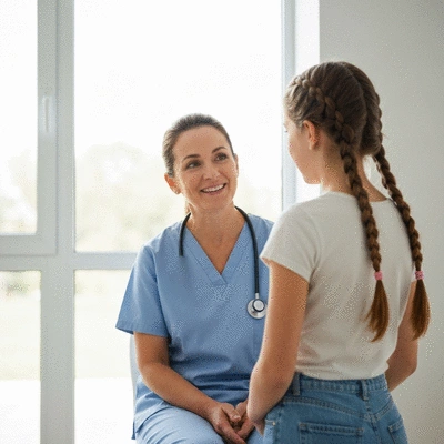 Teenage girl discussing breast health with a healthcare professional or parent, in a supportive environment